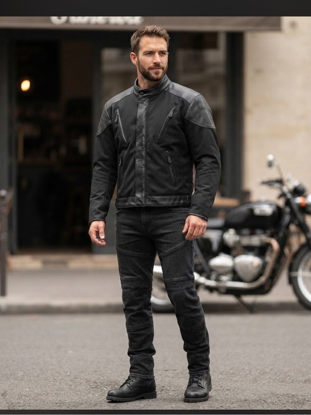 UNIK Leather Apparel Motorcycle Jacket Mens Size 42 Black Canvas Armor Vents